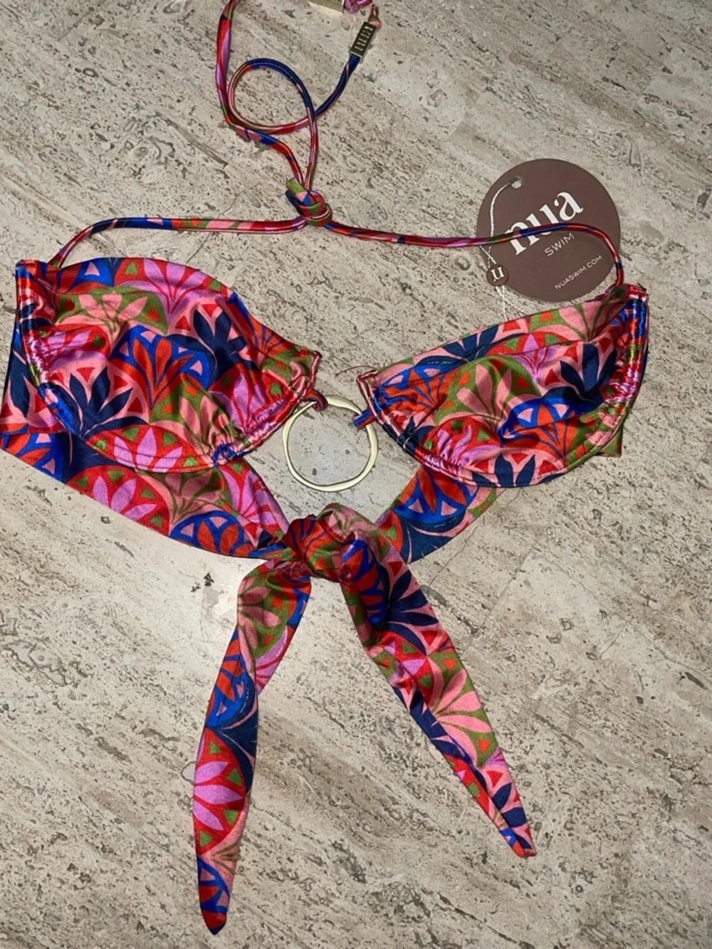 NUA SWIM Colorful Geometric Bikini Too Wire Cups with Matte Gold Ring Size Large